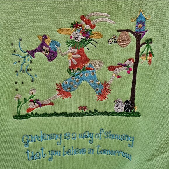 Vtg 90s Quacker Factory 3X Green Embroidered Sweatshirt Gardening Rabbit - Picture 2 of 5